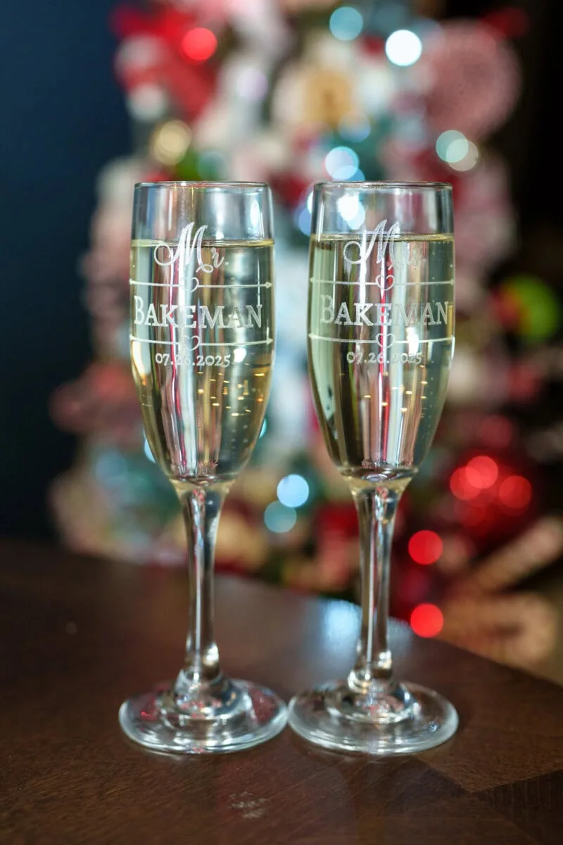 Custom Laser Etched Wedding Champagne Flutes for Special Occasions.