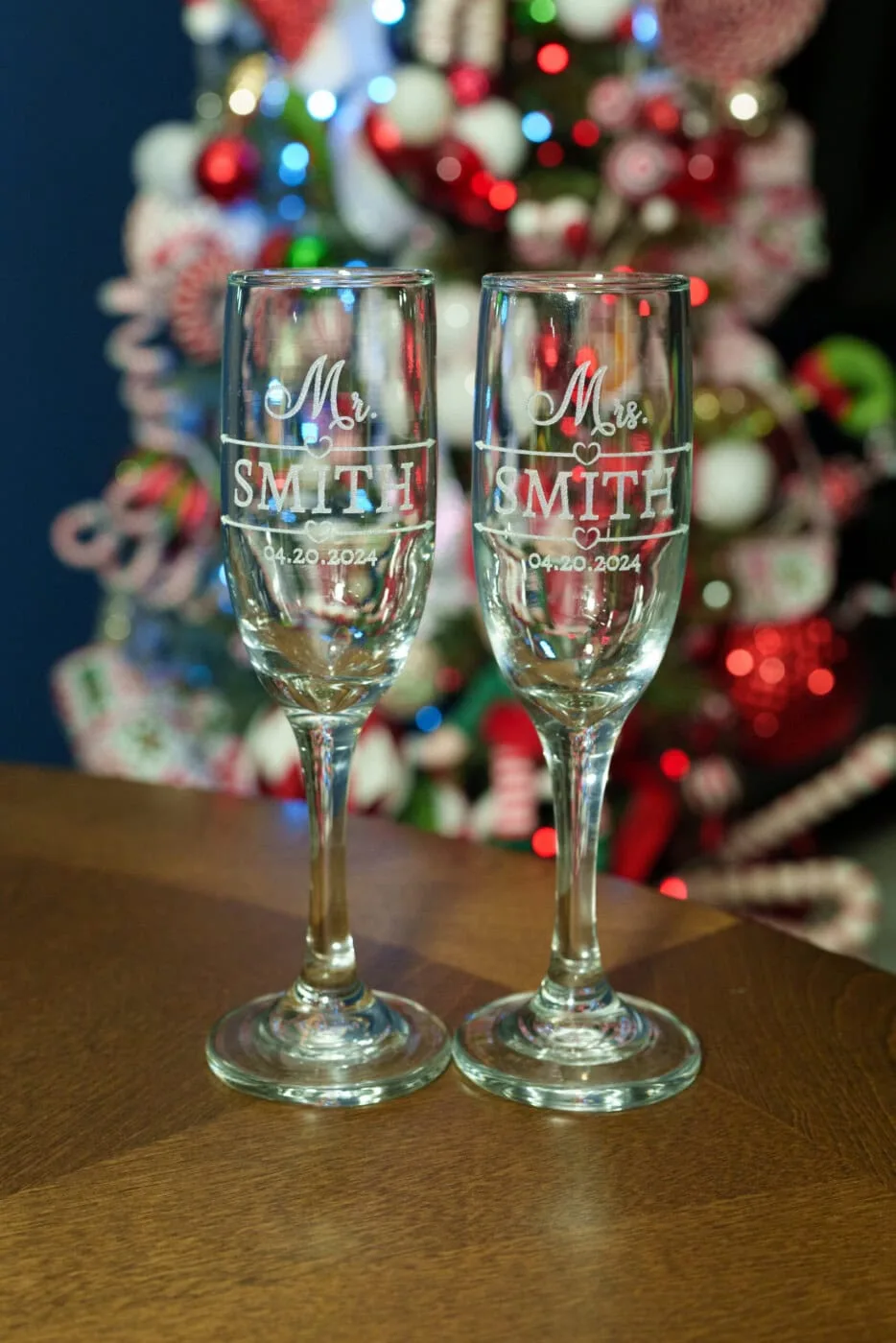 Personalized engraved wedding champagne glasses for special occasions.