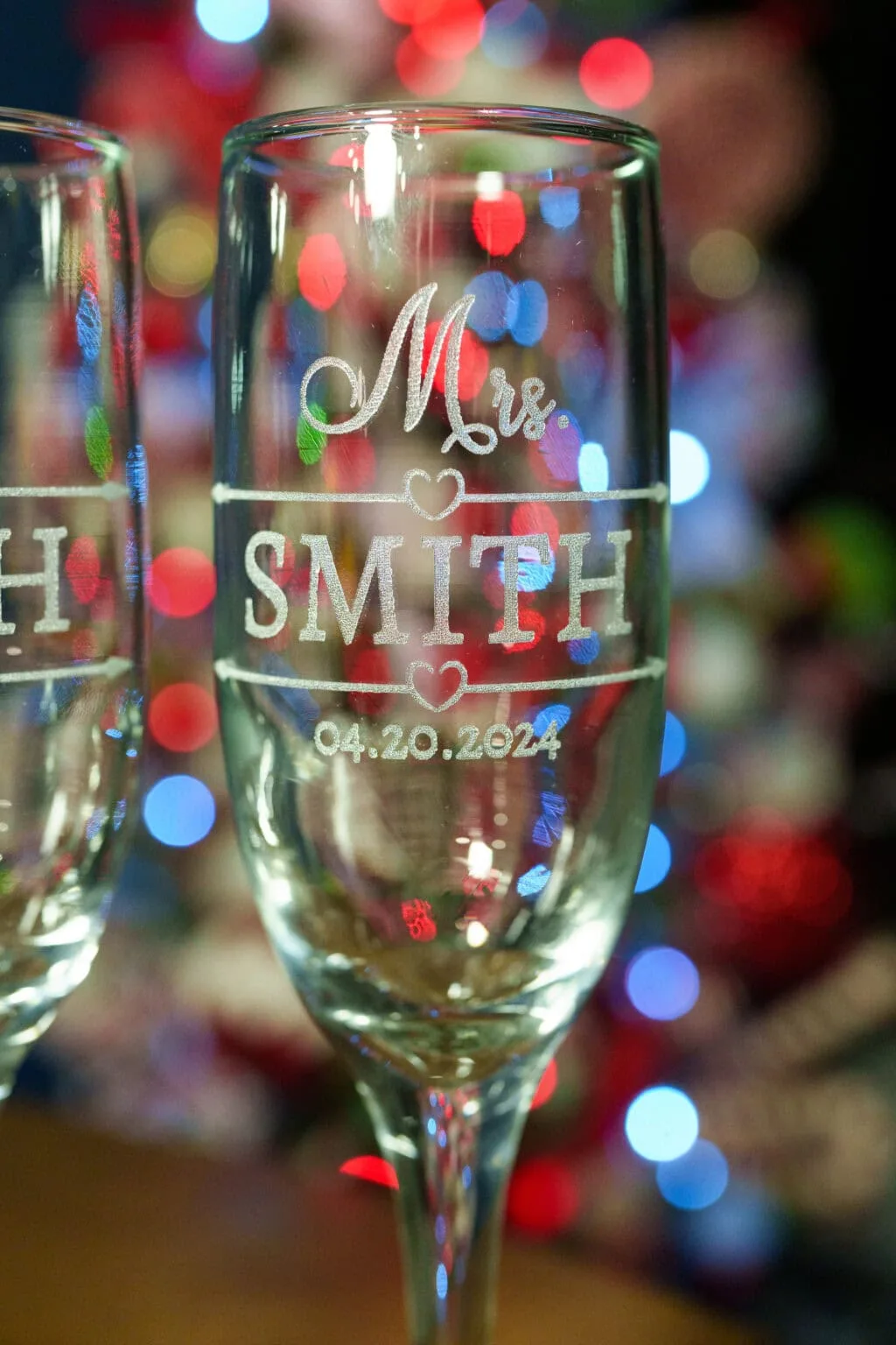 Elegant laser etched wedding champagne flute with personalized