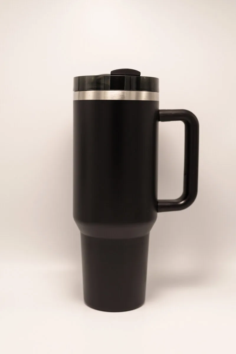 Custom engraved 40oz stainless steel tumbler with pet images and names.