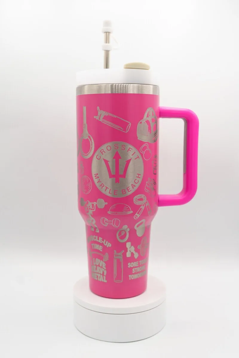 Stainless steel insulated tumbler with Crossfit and workout-themed design, perfect for female athlet.