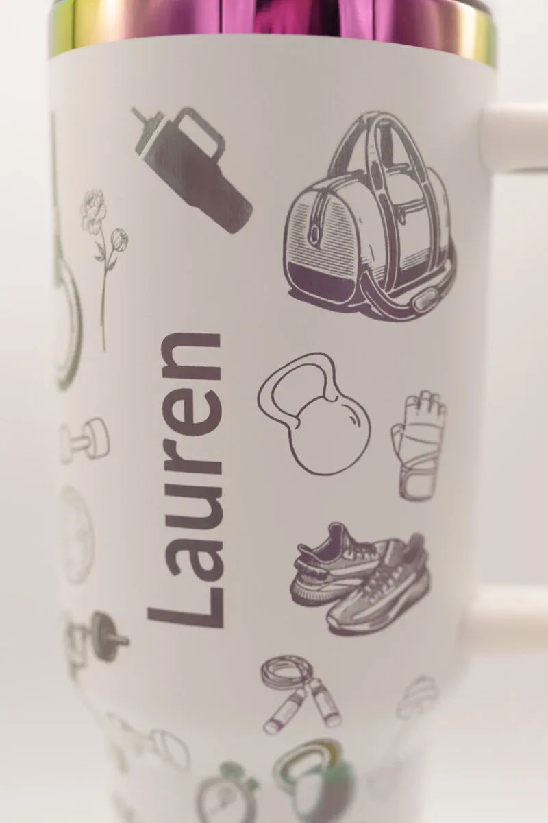 Custom female workout tumbler with fitness icons.