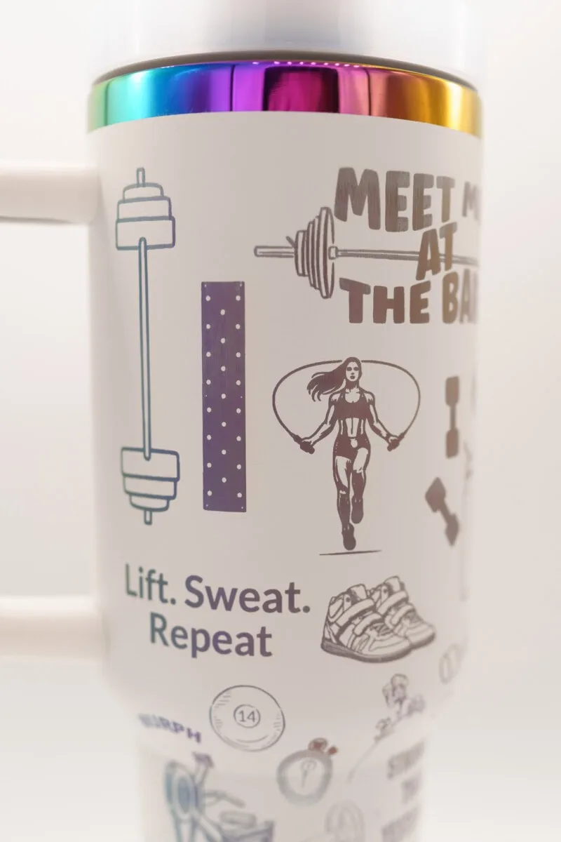 Custom Female Workout Tumbler with Fitness Icons.
