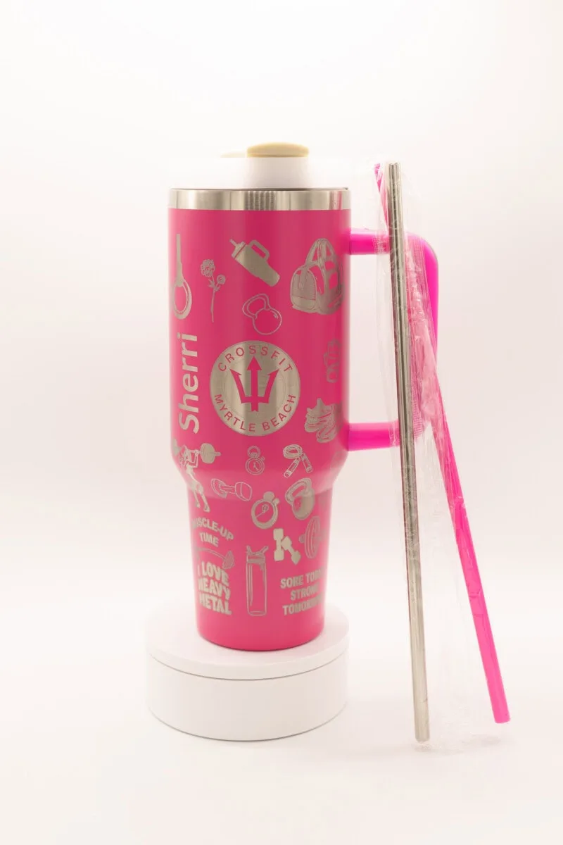 Custom Female Workout Tumbler with Fitness Icons.