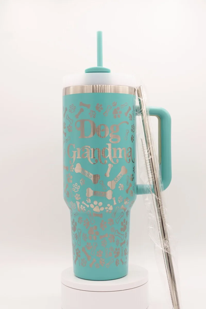 Travel mug with dog-themed design for dog moms.
