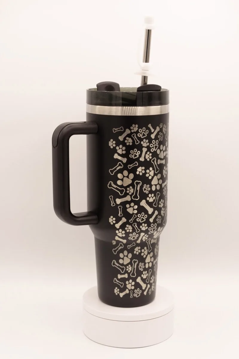 Custom dog mom tumbler with engraved pet bones and paw prints, insulated stainless steel 40oz travel.