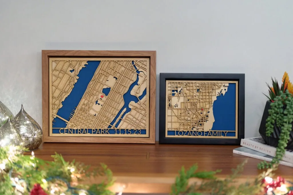 Laser-cut map art of Central Park and Long Island, NY, showcasing intricate details and personalized.