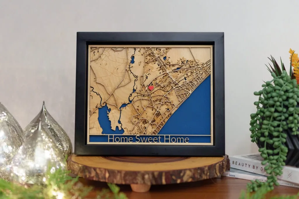 Custom laser cut lake map art for home decor and wall display.
