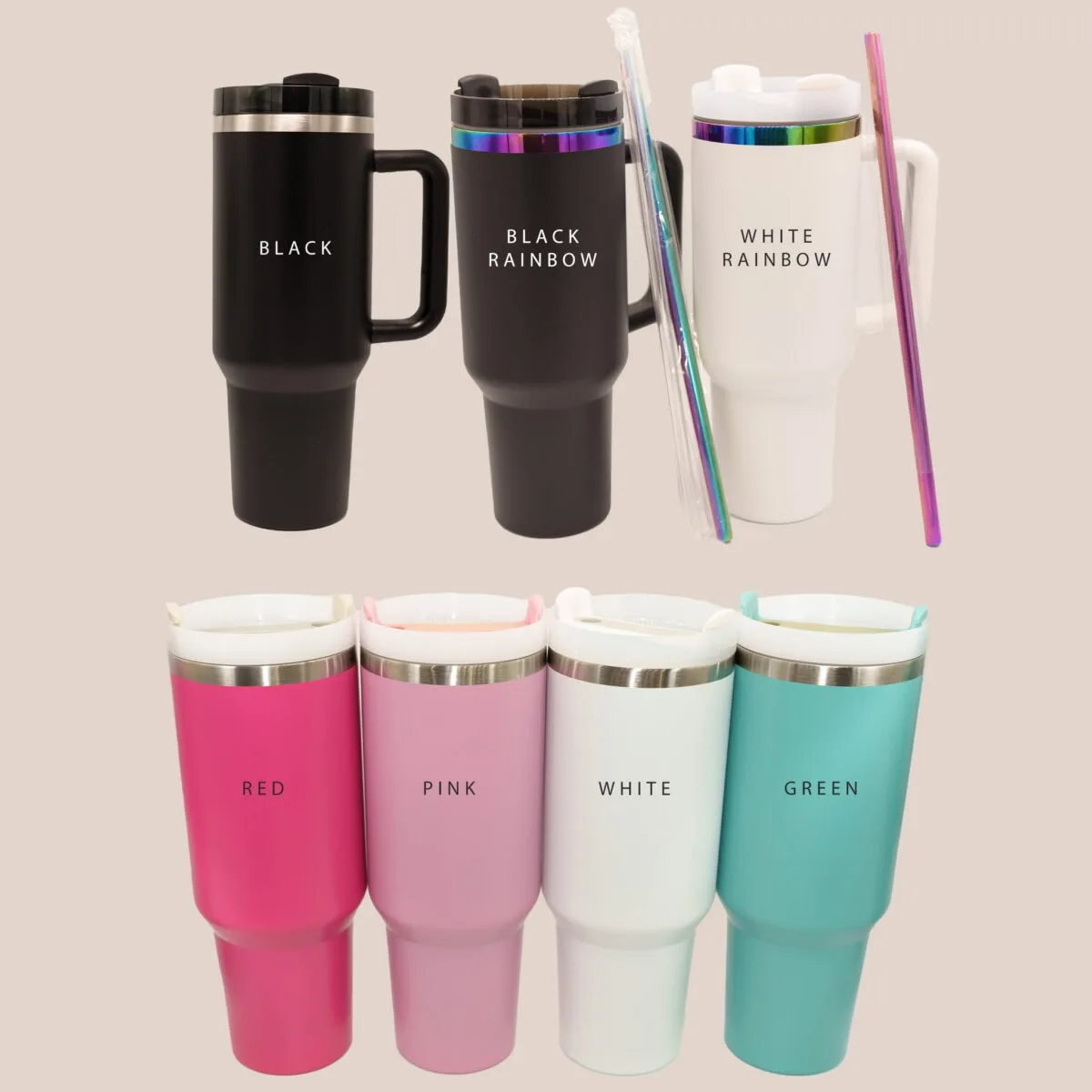 Custom engraved stainless steel travel mug with pet names and images, perfect for dog moms.