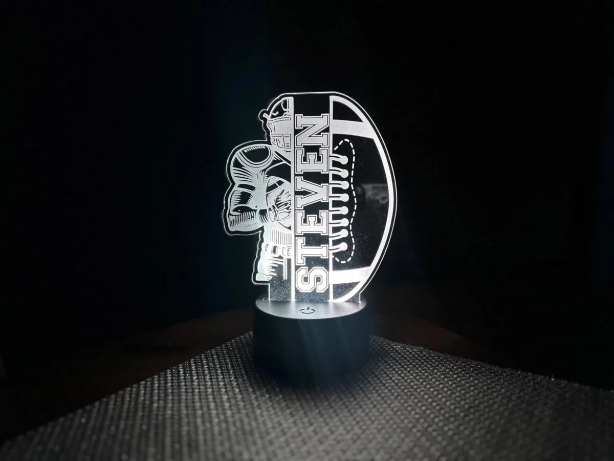 Custom laser engraved logo on acrylic.
