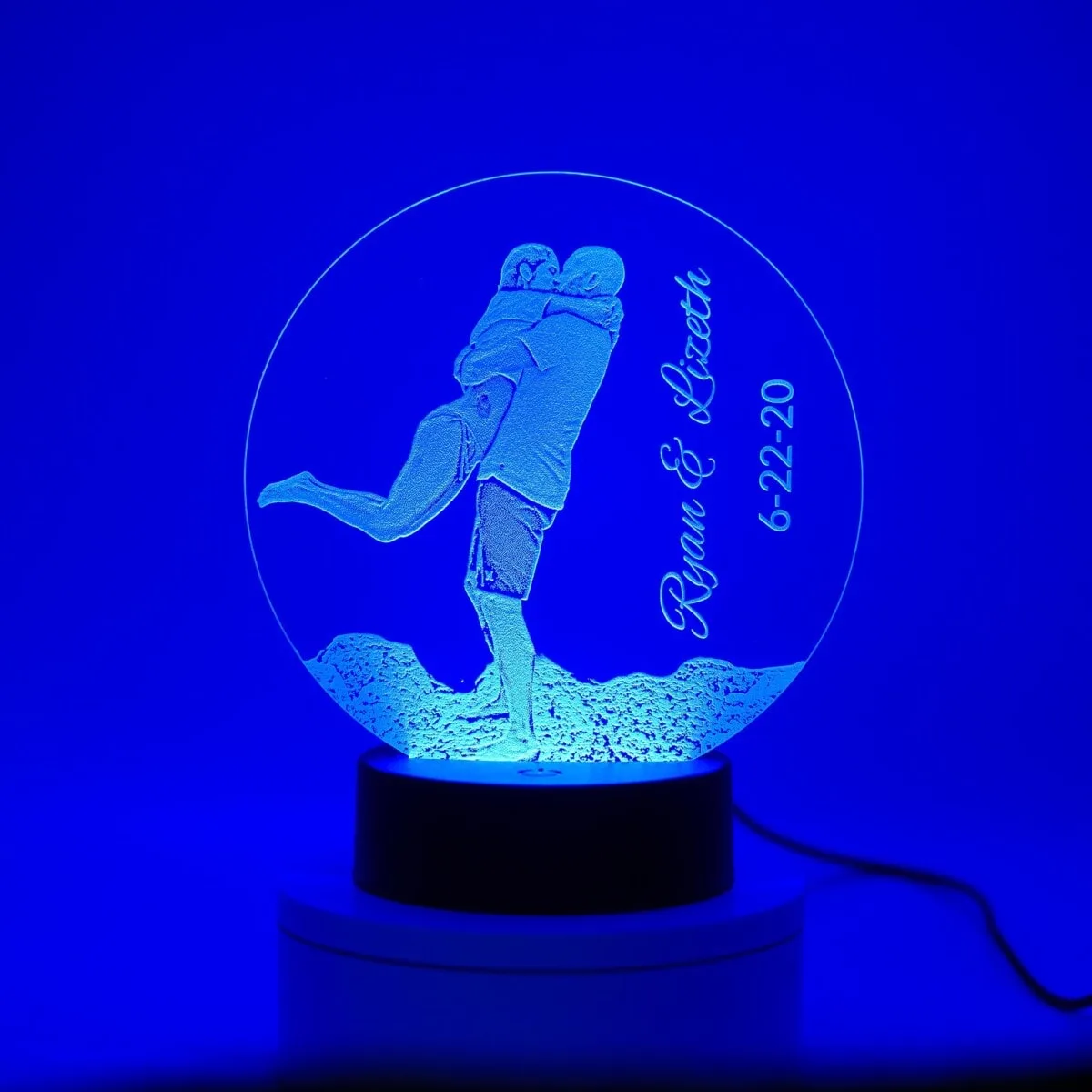 Custom engraved night light with couple's names and date.