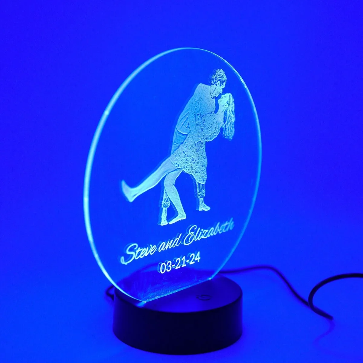 Custom engraved night light with couple's names and date, perfect for personalized home decor.