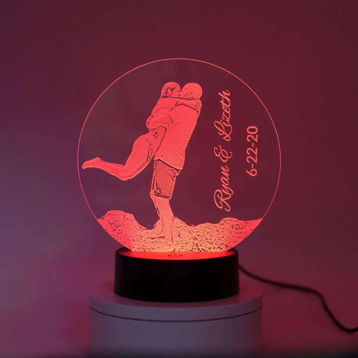 Customizable 3D LED night light with names and date for special occasions.