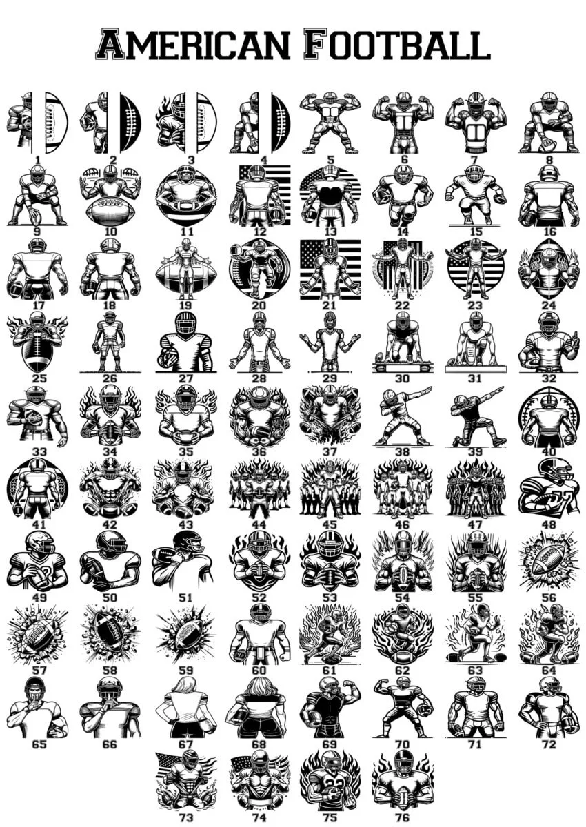 Collection of detailed American football player icons for sports design.
