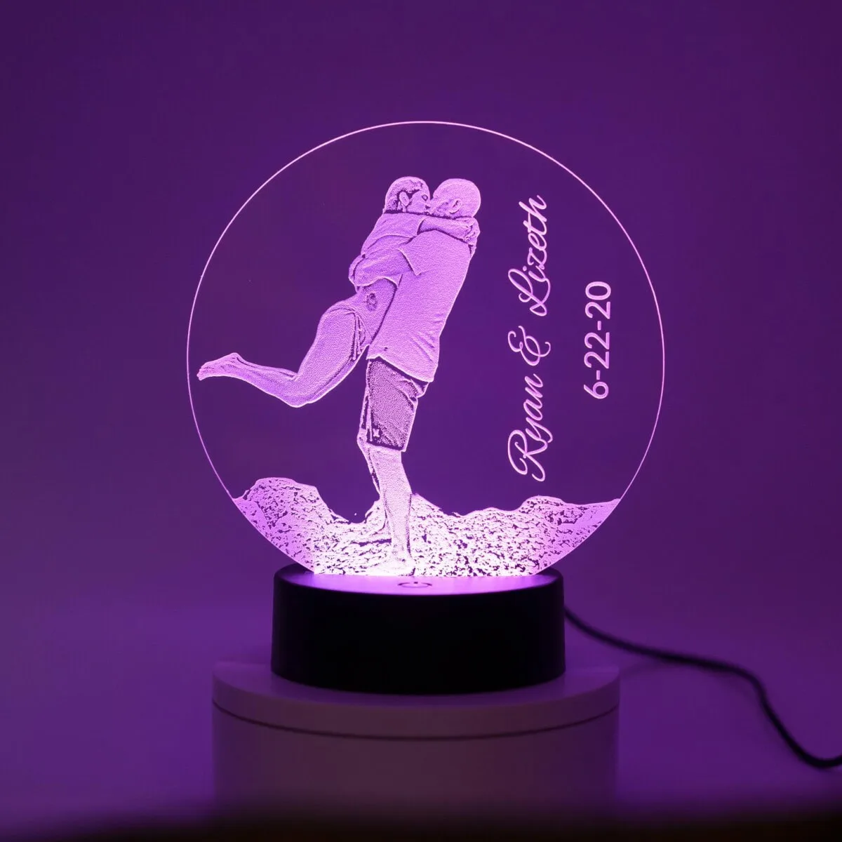 Custom wedding night light with engraved couple and date design.