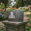 Personalized black slate memorial plaque engraved with portrait and quote.