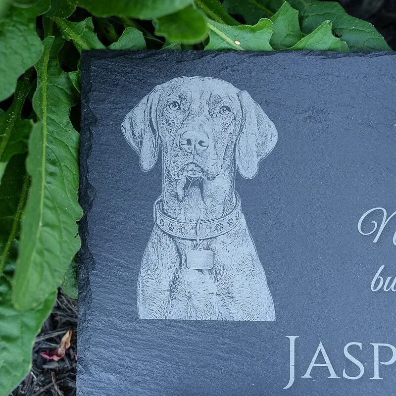 Dog memorial slate with heart and name on bottom - Shoreline Laser