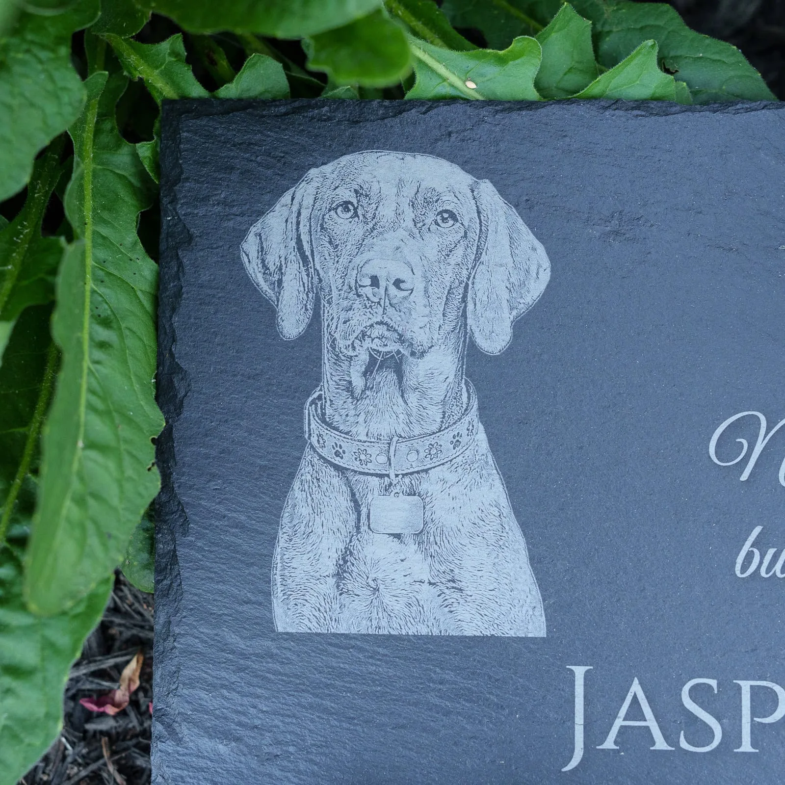 Dog memorial slate with heart and name on bottom - Shoreline Laser
