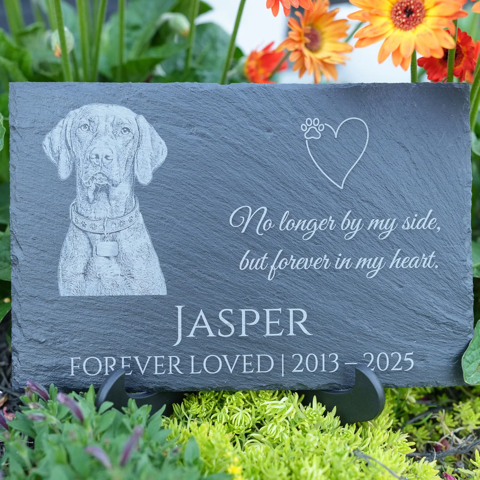 Dog memorial slate with heart and name on bottom - Shoreline Laser