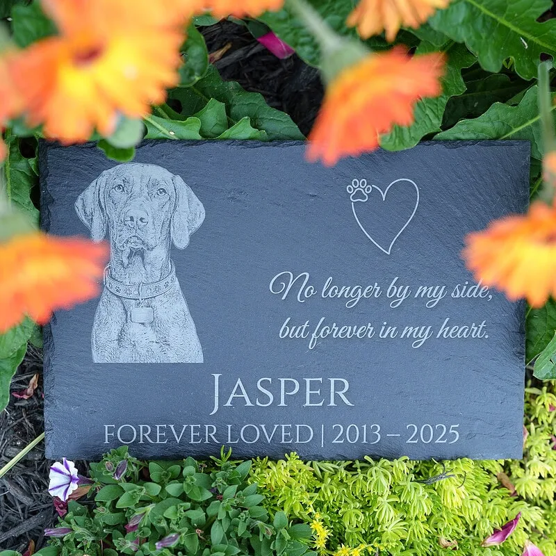 Dog memorial slate with heart and name on bottom - Shoreline Laser
