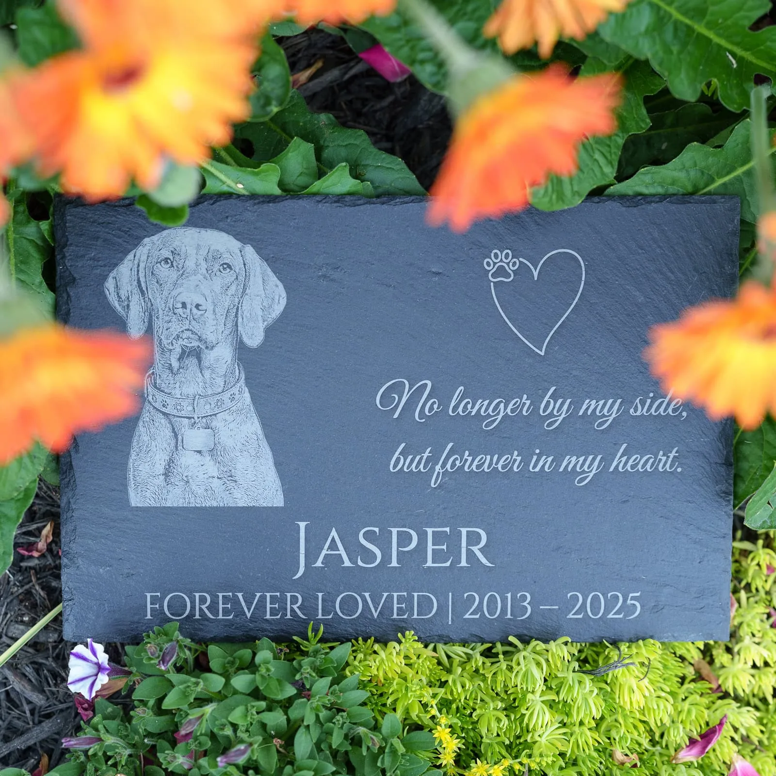 Dog memorial slate with heart and name on bottom - Shoreline Laser