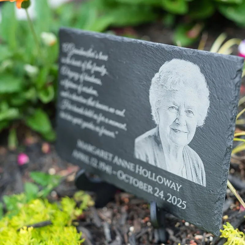 Grandmother on a memorial slate in garden - Shoreline Laser