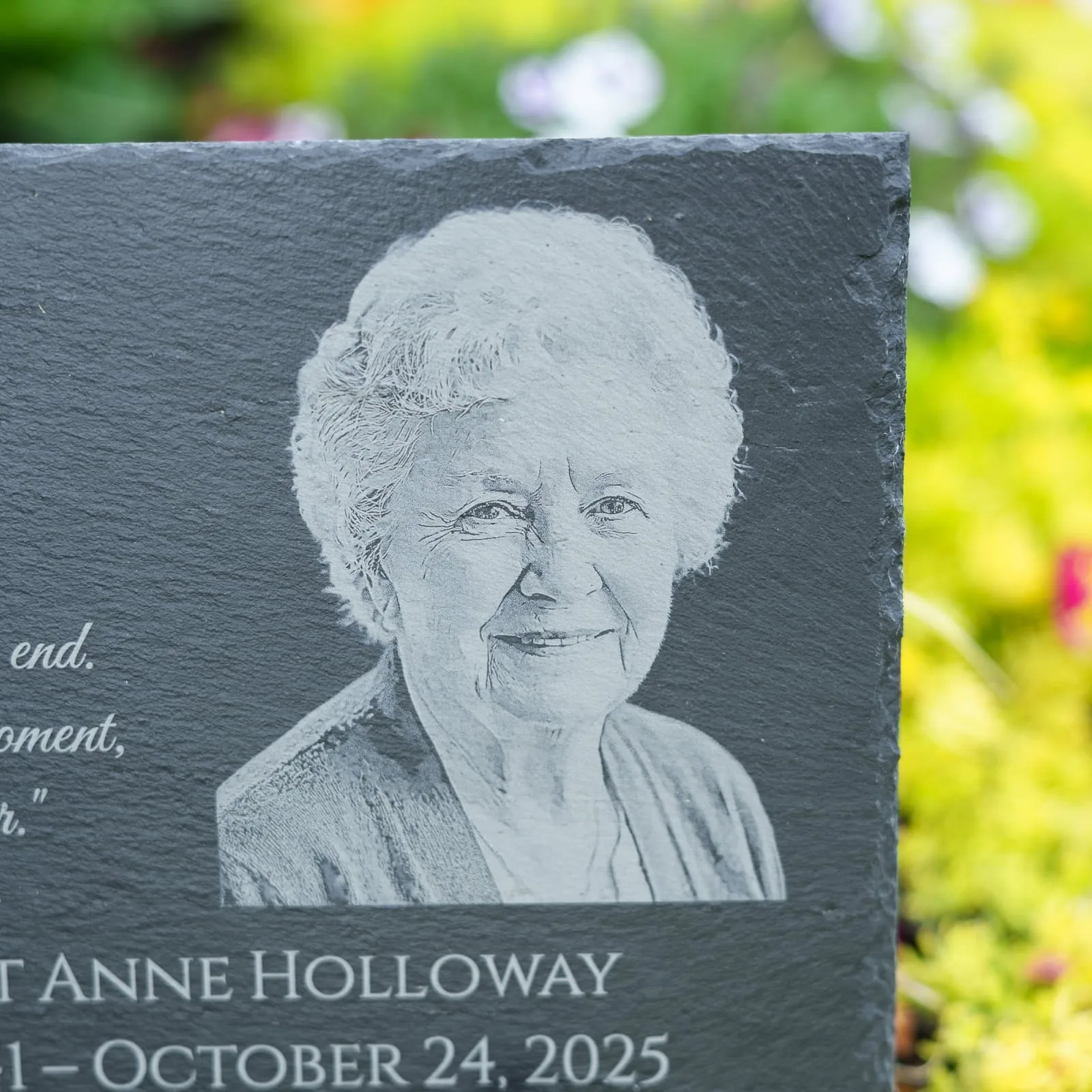 Grandmother on a memorial slate in garden - Shoreline Laser