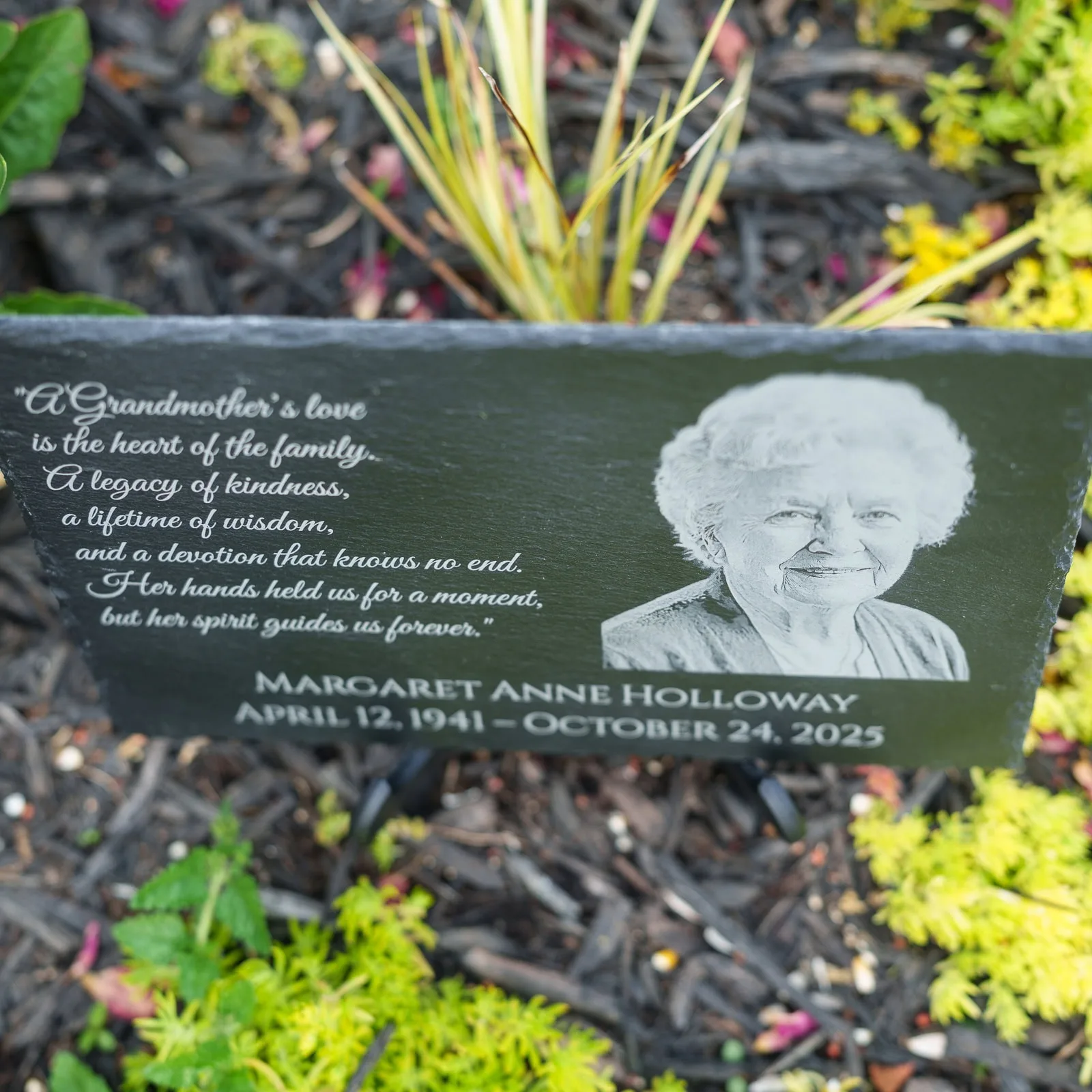 Grandmother on a memorial slate in garden - Shoreline Laser