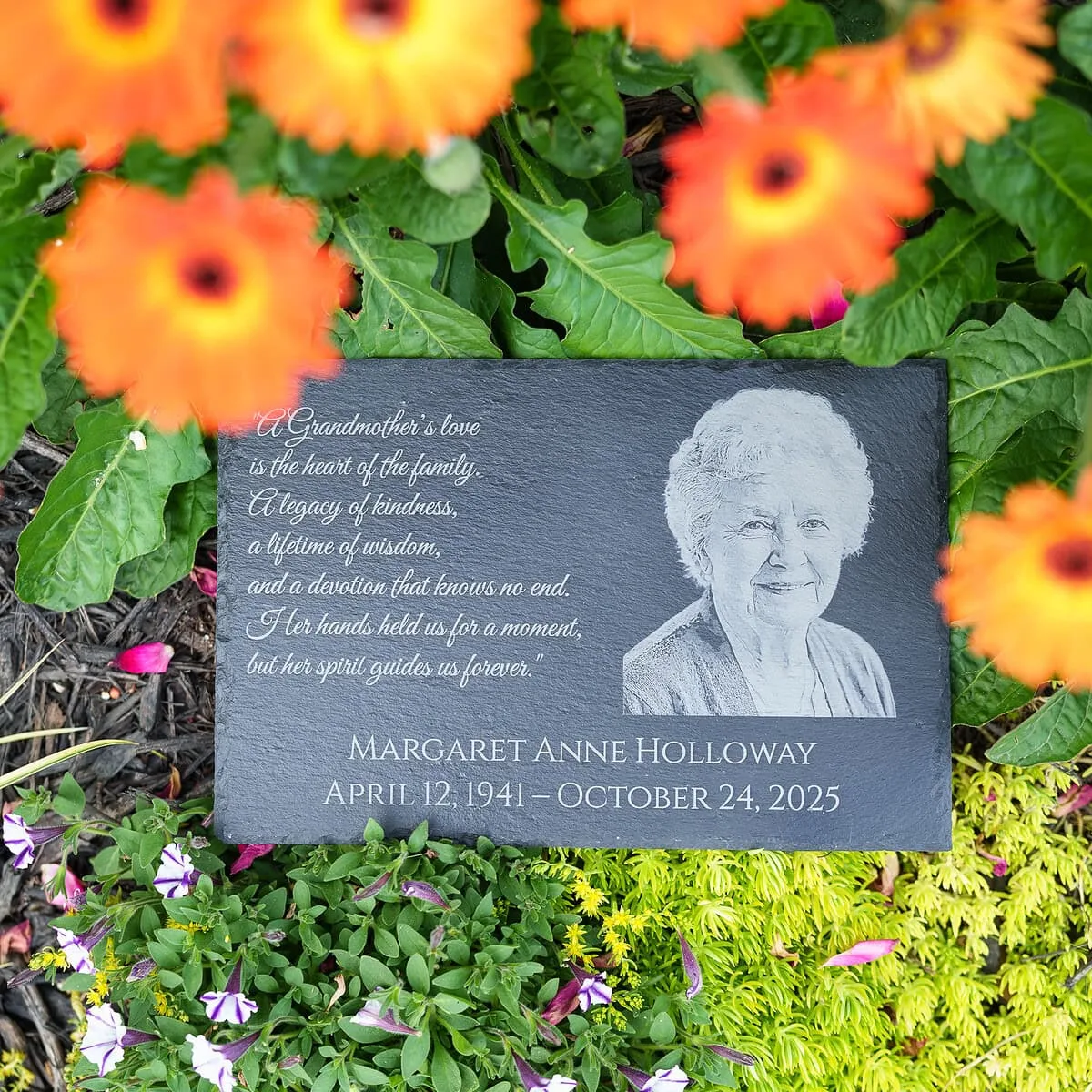 Grandmother on a memorial slate in garden - Shoreline Laser