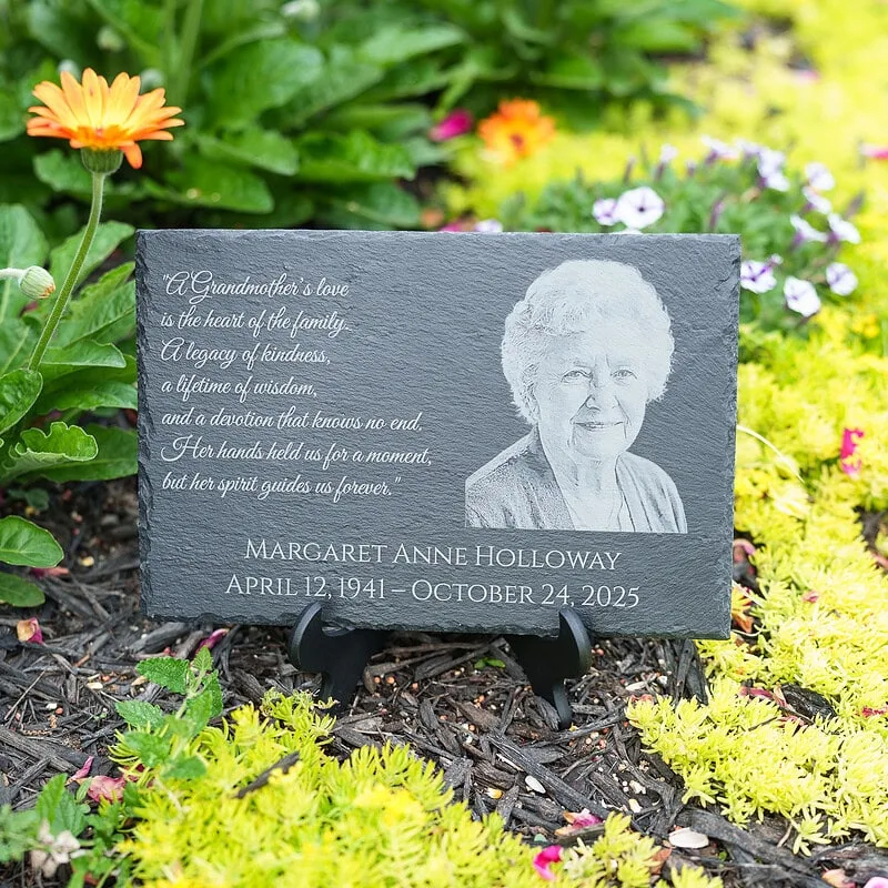 Grandmother on a memorial slate in garden - Shoreline Laser