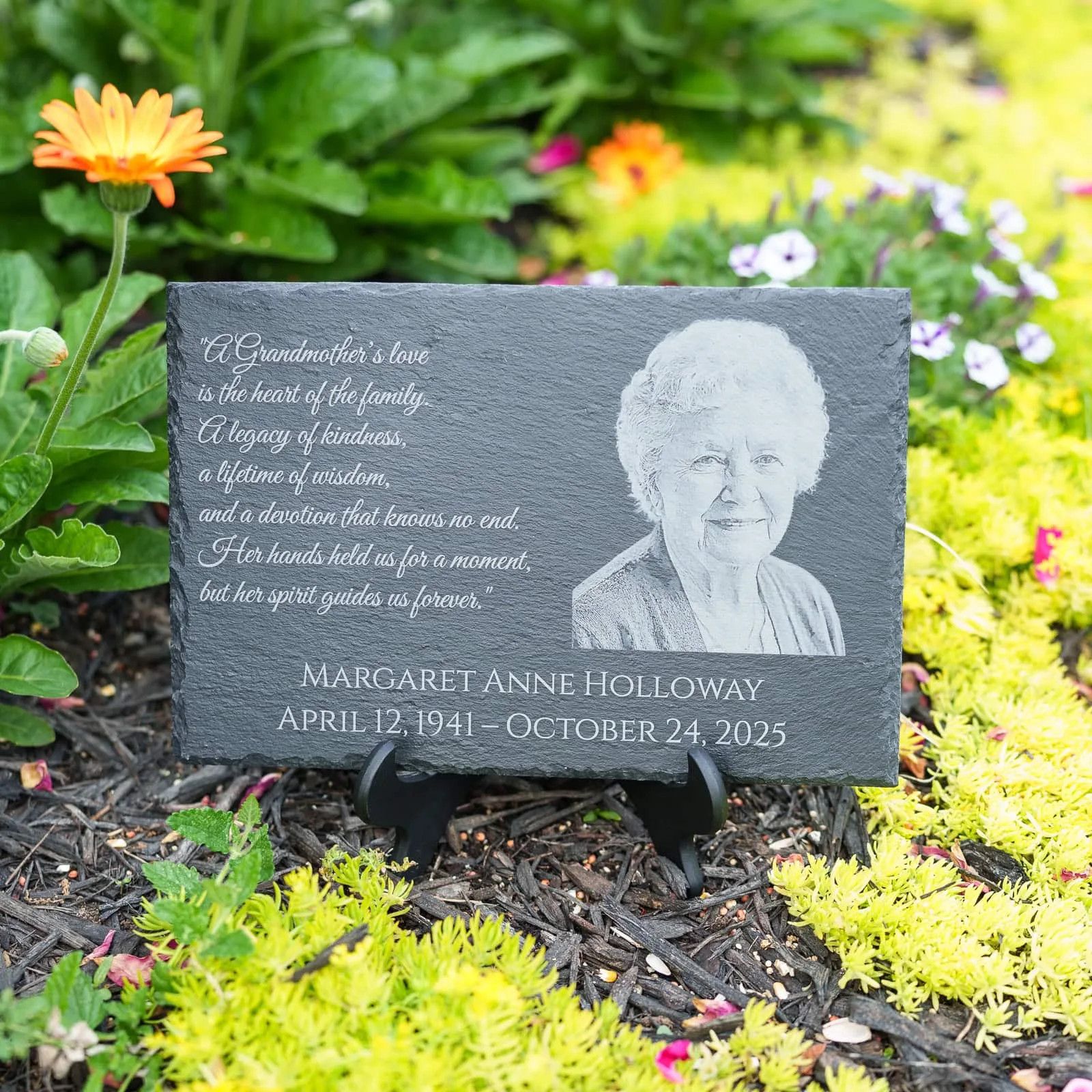 Grandmother on a memorial slate in garden - Shoreline Laser